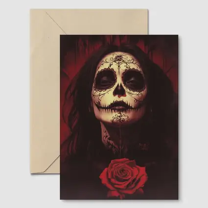 Sugar Skull Woman Dark Red Rose Art