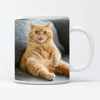 Funny Orange Tabby Cat on Gray Sofa