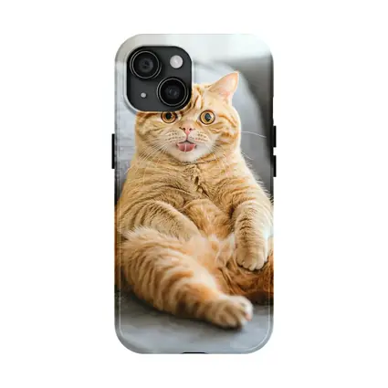 Funny Orange Tabby Cat on Gray Sofa
