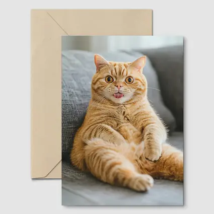 Funny Orange Tabby Cat on Gray Sofa