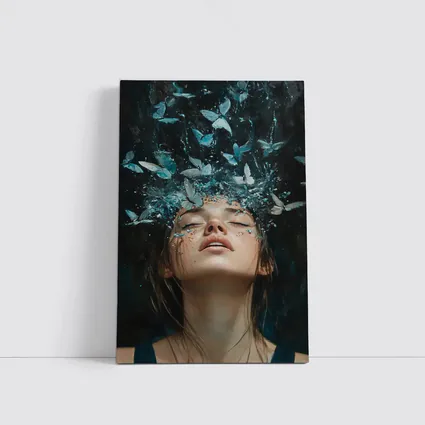 Woman With Blue Butterflies Water Splash Art