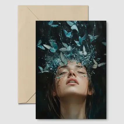 Woman With Blue Butterflies Water Splash Art