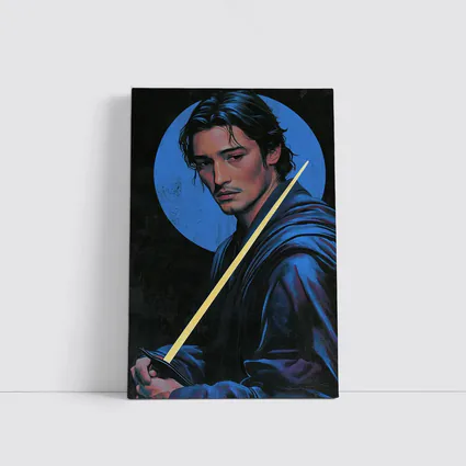 Young Warrior Holding Sword Blue Circle
