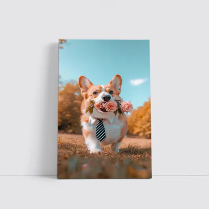 Corgi Dog With Roses Wearing Tie Outdoors