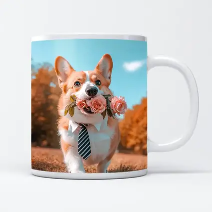 Corgi Dog With Roses Wearing Tie Outdoors