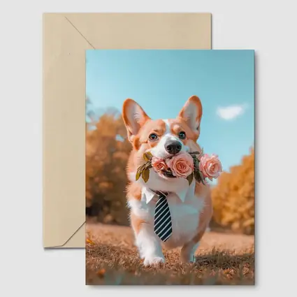 Corgi Dog With Roses Wearing Tie Outdoors