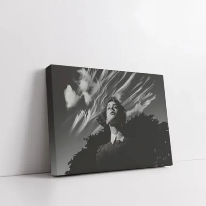 Woman Looking Up Dramatic Black White Sky