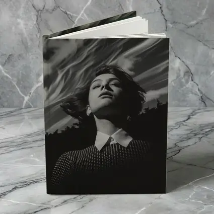 Woman Looking Up Dramatic Black White Sky