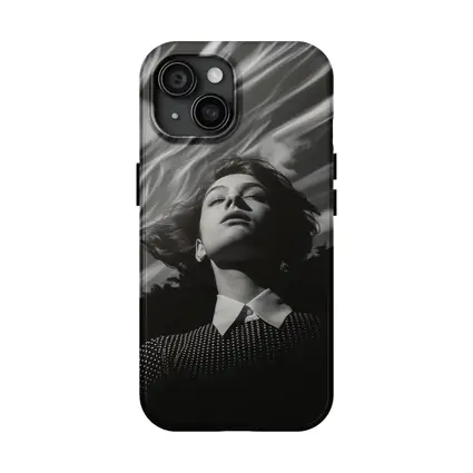 Woman Looking Up Dramatic Black White Sky