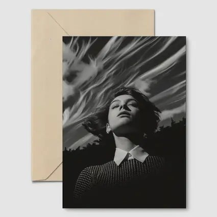 Woman Looking Up Dramatic Black White Sky