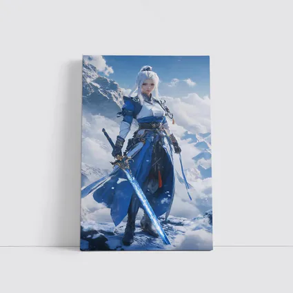 Anime Warrior Woman Blue Sword Snowy Mountains