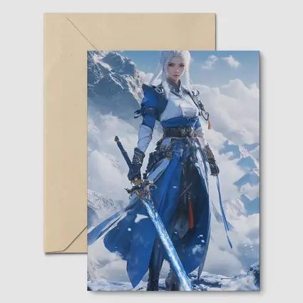 Anime Warrior Woman Blue Sword Snowy Mountains