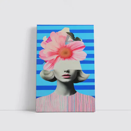 Retro Woman Pink Flowers Blue Stripes Collage