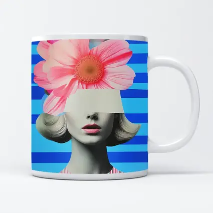 Retro Woman Pink Flowers Blue Stripes Collage