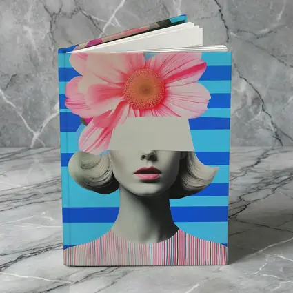 Retro Woman Pink Flowers Blue Stripes Collage