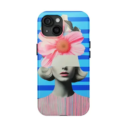 Retro Woman Pink Flowers Blue Stripes Collage