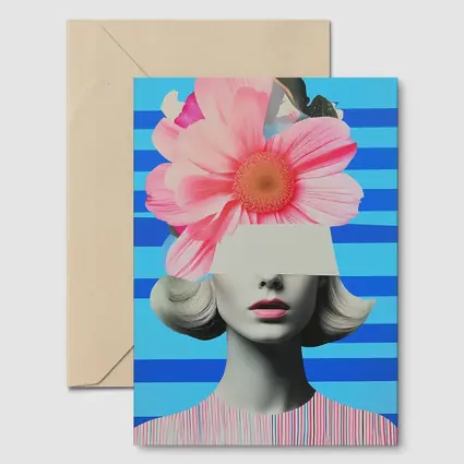 Retro Woman Pink Flowers Blue Stripes Collage
