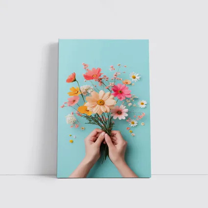 Hands Holding Wildflowers on Blue Background