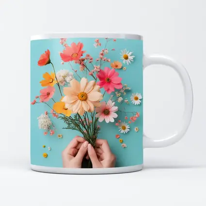 Hands Holding Wildflowers on Blue Background