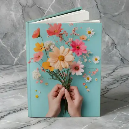 Hands Holding Wildflowers on Blue Background