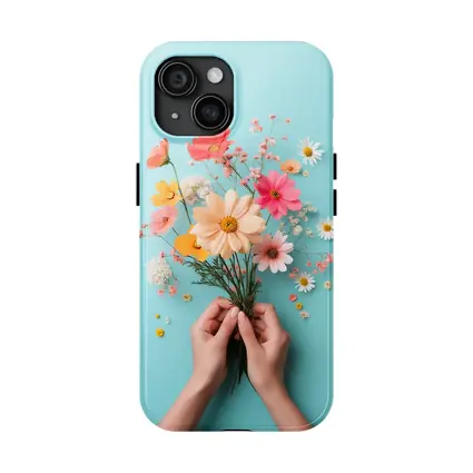Hands Holding Wildflowers on Blue Background
