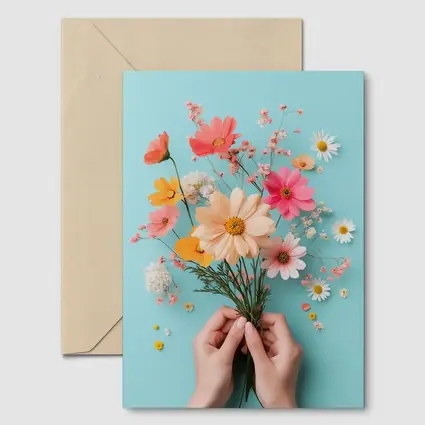 Hands Holding Wildflowers on Blue Background