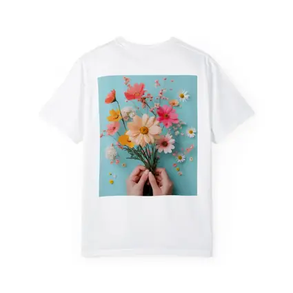 Hands Holding Wildflowers on Blue Background