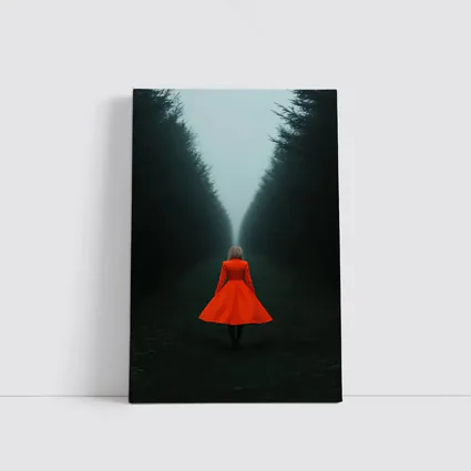 Woman Red Dress Walking Misty Dark Forest