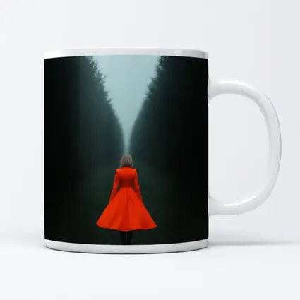 Woman Red Dress Walking Misty Dark Forest