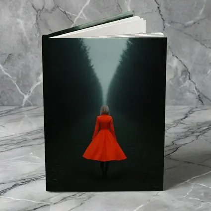 Woman Red Dress Walking Misty Dark Forest