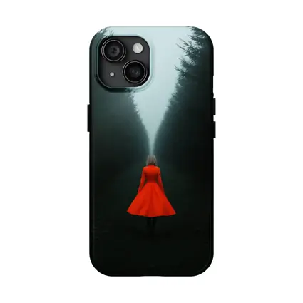 Woman Red Dress Walking Misty Dark Forest