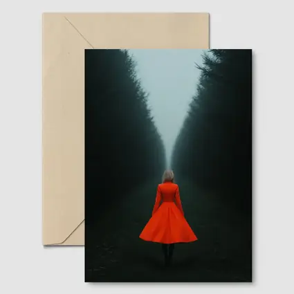 Woman Red Dress Walking Misty Dark Forest