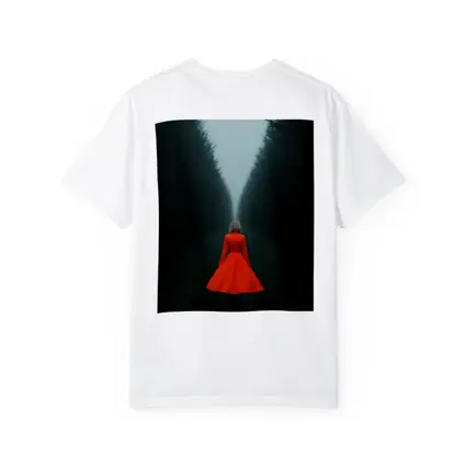 Woman Red Dress Walking Misty Dark Forest