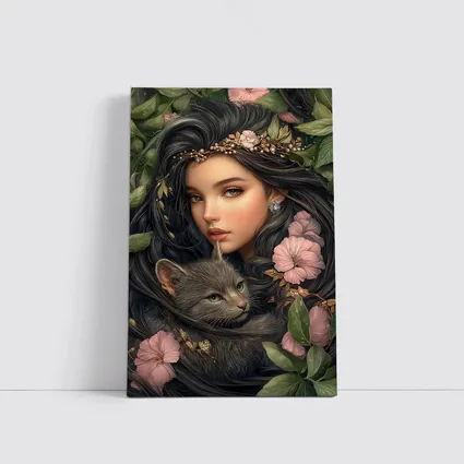 Girl With Gray Cat Pink Floral Fantasy