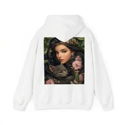 Girl With Gray Cat Pink Floral Fantasy