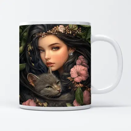 Girl With Gray Cat Pink Floral Fantasy