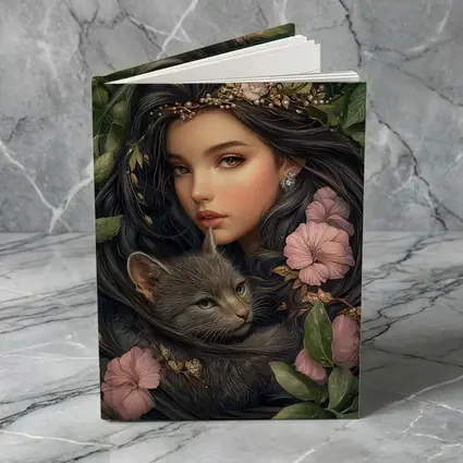 Girl With Gray Cat Pink Floral Fantasy