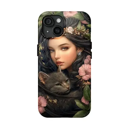 Girl With Gray Cat Pink Floral Fantasy