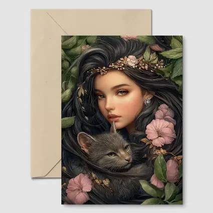 Girl With Gray Cat Pink Floral Fantasy