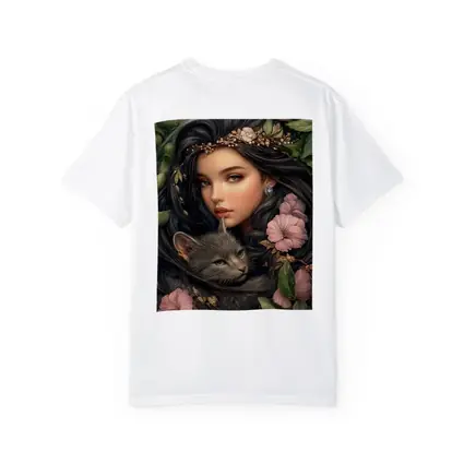 Girl With Gray Cat Pink Floral Fantasy