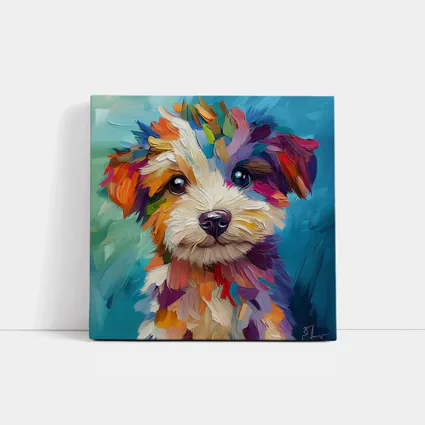 Colorful Puppy Dog Oil Painting Blue Background