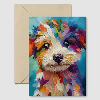 Colorful Puppy Dog Oil Painting Blue Background