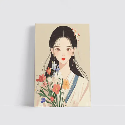 Chinese Girl Illustration Holding Floral Bouquet Beige