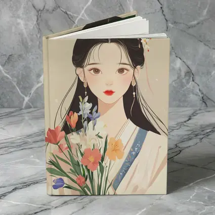 Chinese Girl Illustration Holding Floral Bouquet Beige