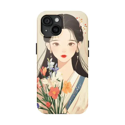 Chinese Girl Illustration Holding Floral Bouquet Beige