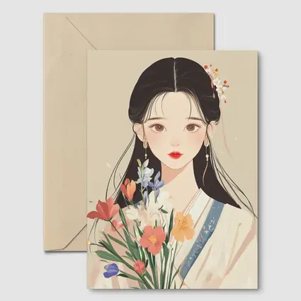 Chinese Girl Illustration Holding Floral Bouquet Beige