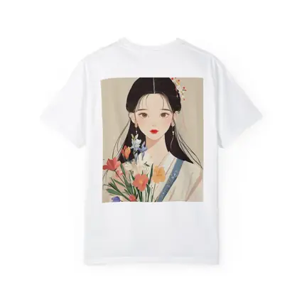 Chinese Girl Illustration Holding Floral Bouquet Beige