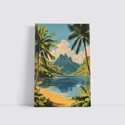 Retro Tropical Beach Mountains Palm Trees Art