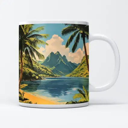 Retro Tropical Beach Mountains Palm Trees Art