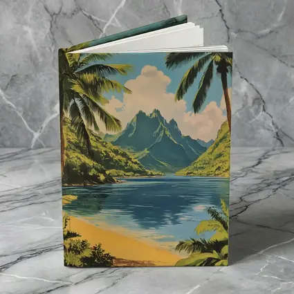 Retro Tropical Beach Mountains Palm Trees Art